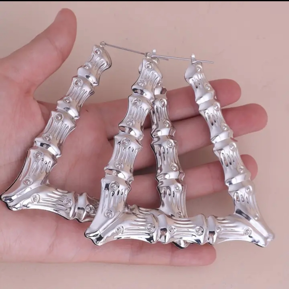 Triangular Silver Bamboo Hoops